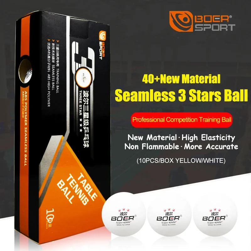 BOER Seamless Table Tennis Balls 3 Stars 40+ ABS New Material Professional Ping Pong Ball for Training Competition 10pcs/box