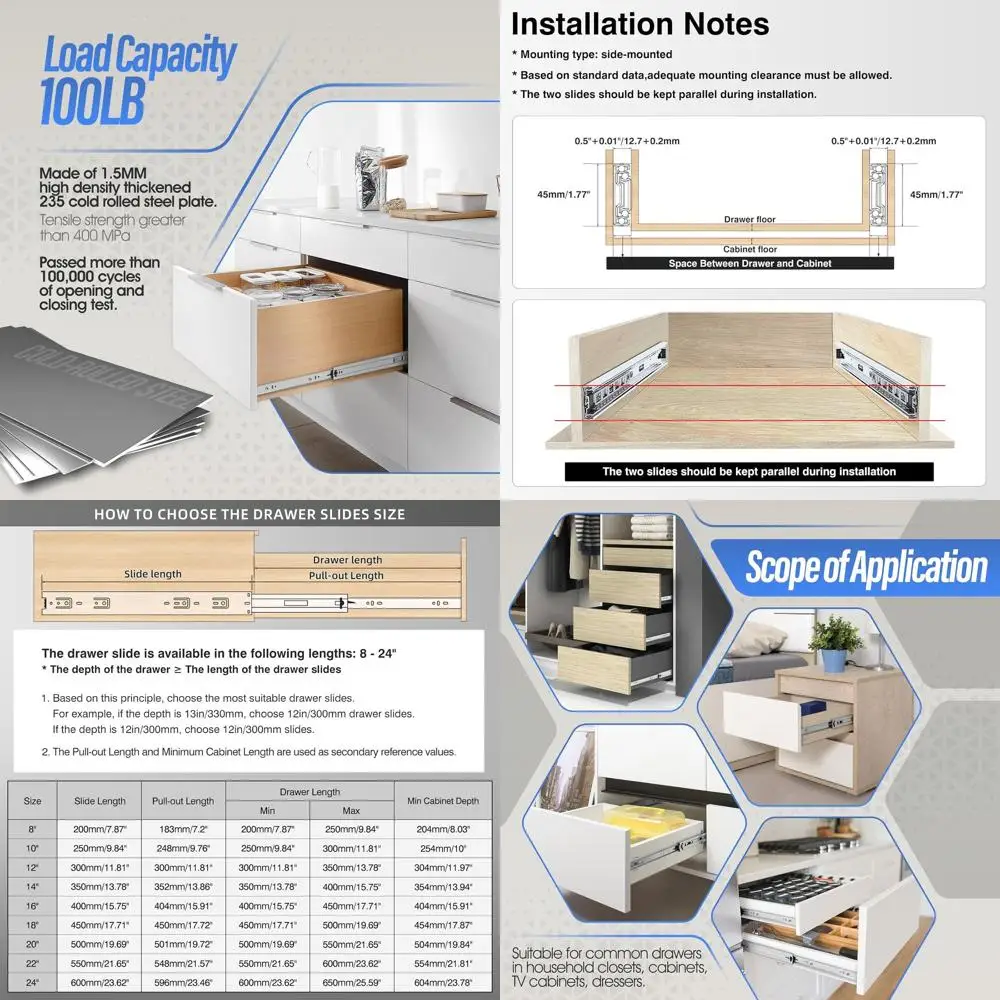 

Универсальные выдвижные направляющие с шарикоподшипниками для ящиков 8-24 дюйма, нагрузка до 45 кг, боковое крепление, металлические направляющие для шкафов, кухонные направляющие