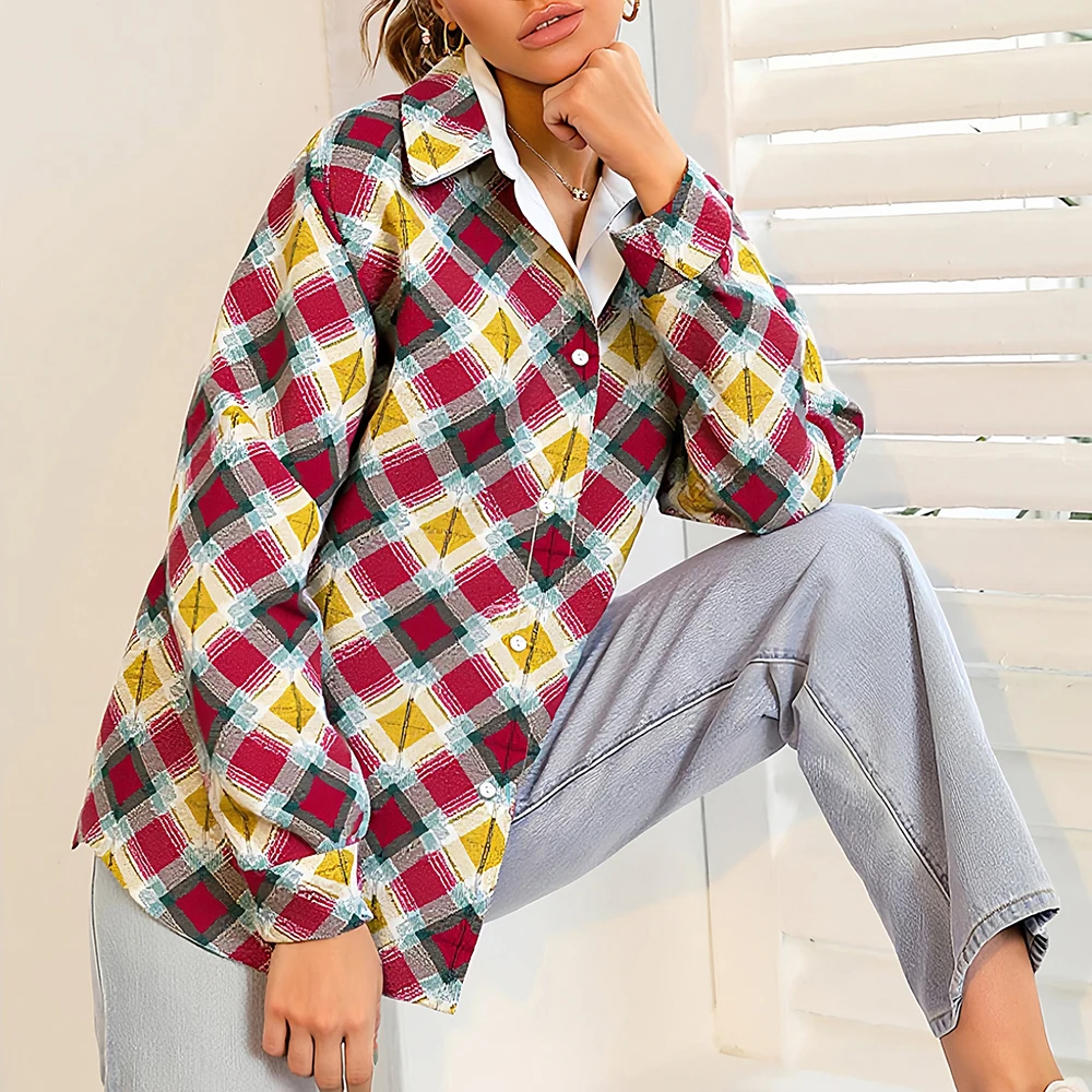 

Mia Muse Women's Shirts Autumn Daily Basic Plaid Single Breasted Long Sleeve Shirt Collar Casual Shirts