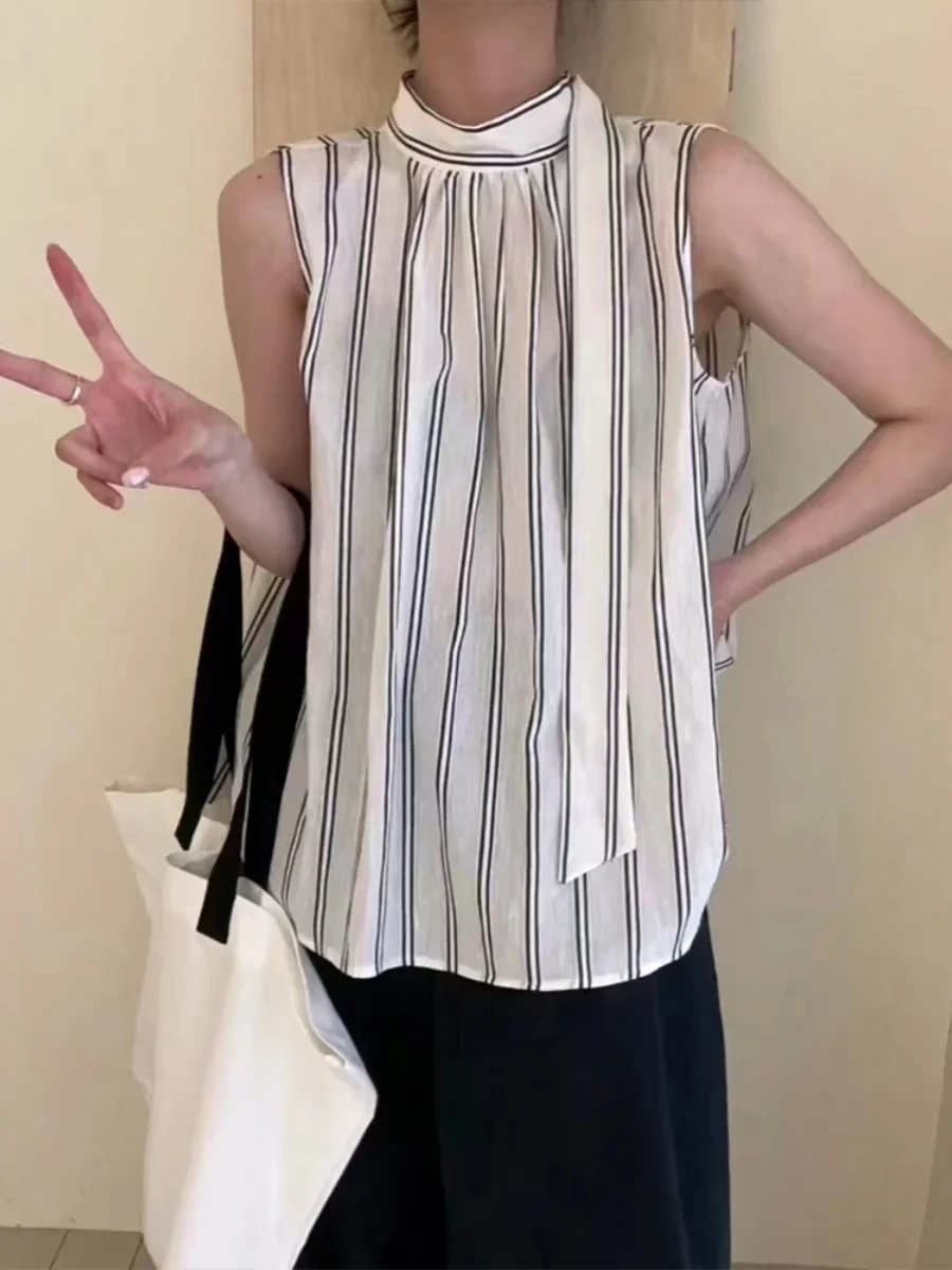 

Ретро-жилет свободного кроя в полоску для женщин, летний, повседневный, универсальный, с поясом, для работы и отдыха, в стиле «Morning Bell Evening Song»