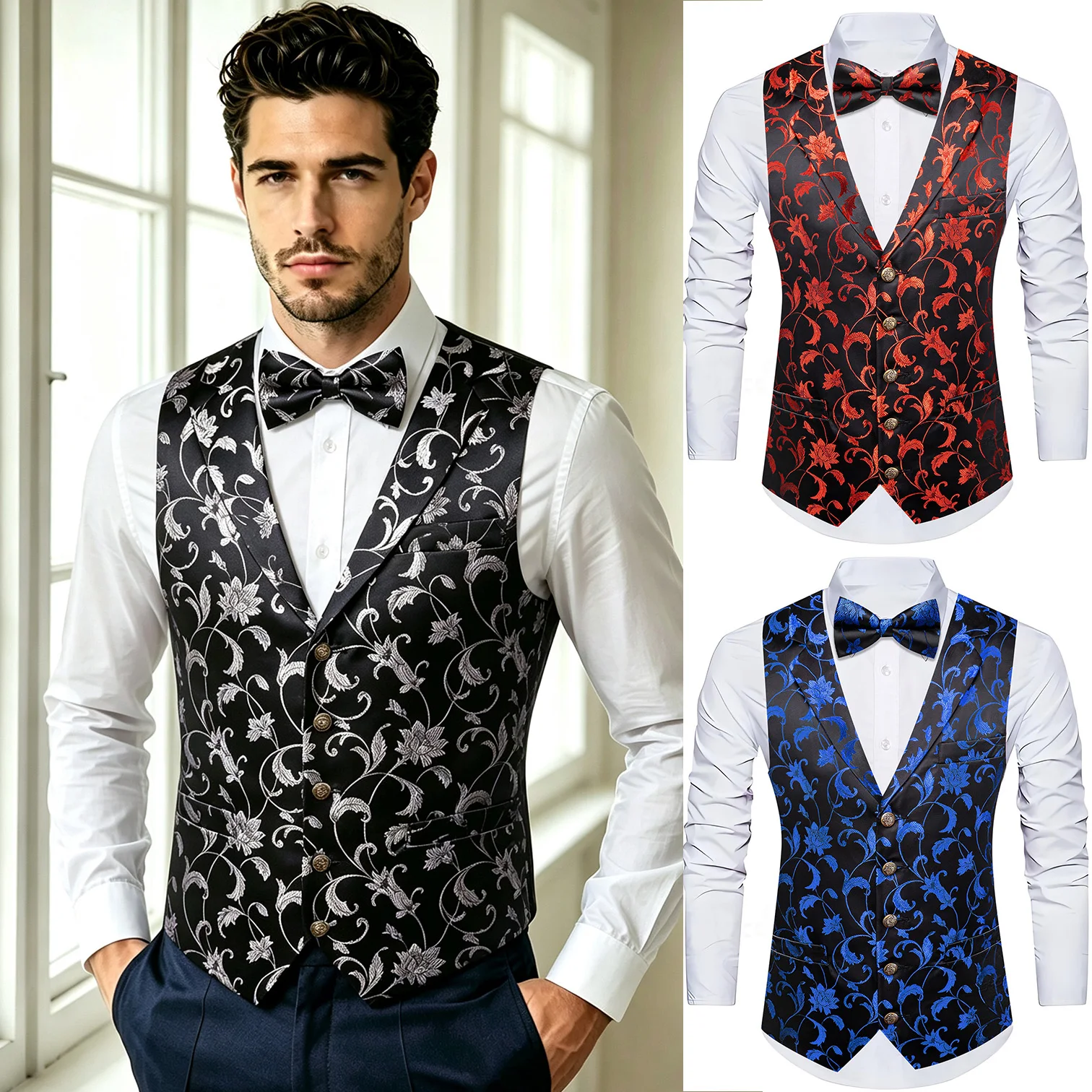 Fashion Red Waistcoats for Men Jacquard Suit Vest Half Lapel Collar Vest Bowtie Pocket Square Cufflinks Wedding Party Formal