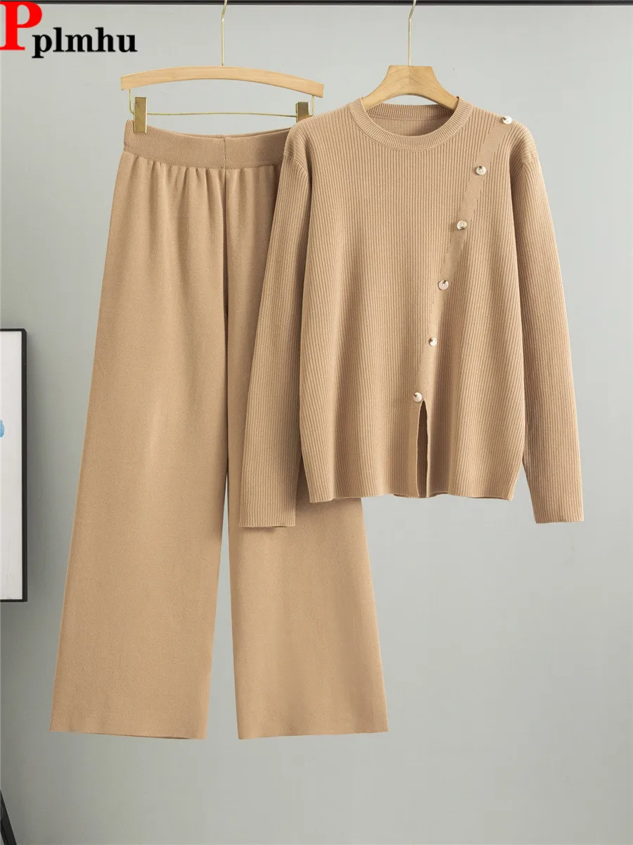 

Chic Design Knitted 2 Pieced Sets Elegant Knitwears Split Sweater Pullover Tops Conjuntos Women High Waist Wide Leg Pants Outfit