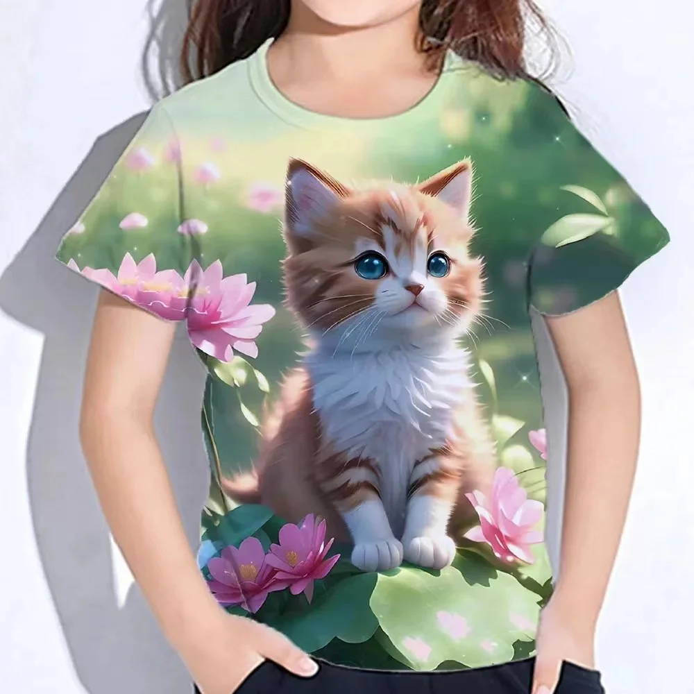 Camisetas divertidas para niñas, Top de manga corta de verano con estampado 3d de animales de dibujos animados y gatos, ropa para niñas, camisetas informales de moda 2025