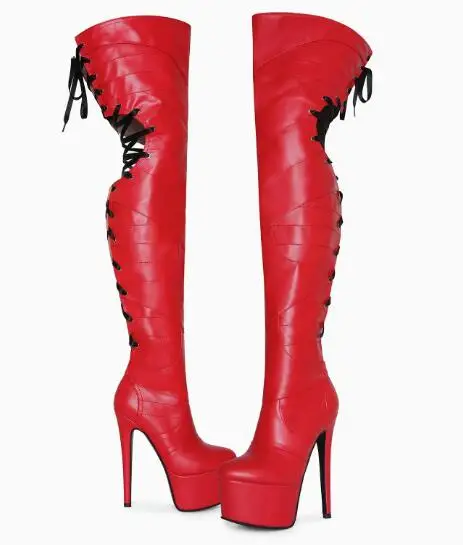 

Punk Women Red Black Cross Tied Back Round Toe Platform Over The Knee Boots Female Super Thin Heels Slim Thigh Long Boots Shoes