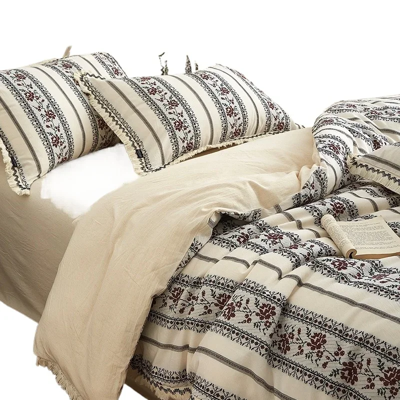 Flax cotton and linen blended bed four-piece set, pure cotton quilt cover, bed sheet 100% cotton