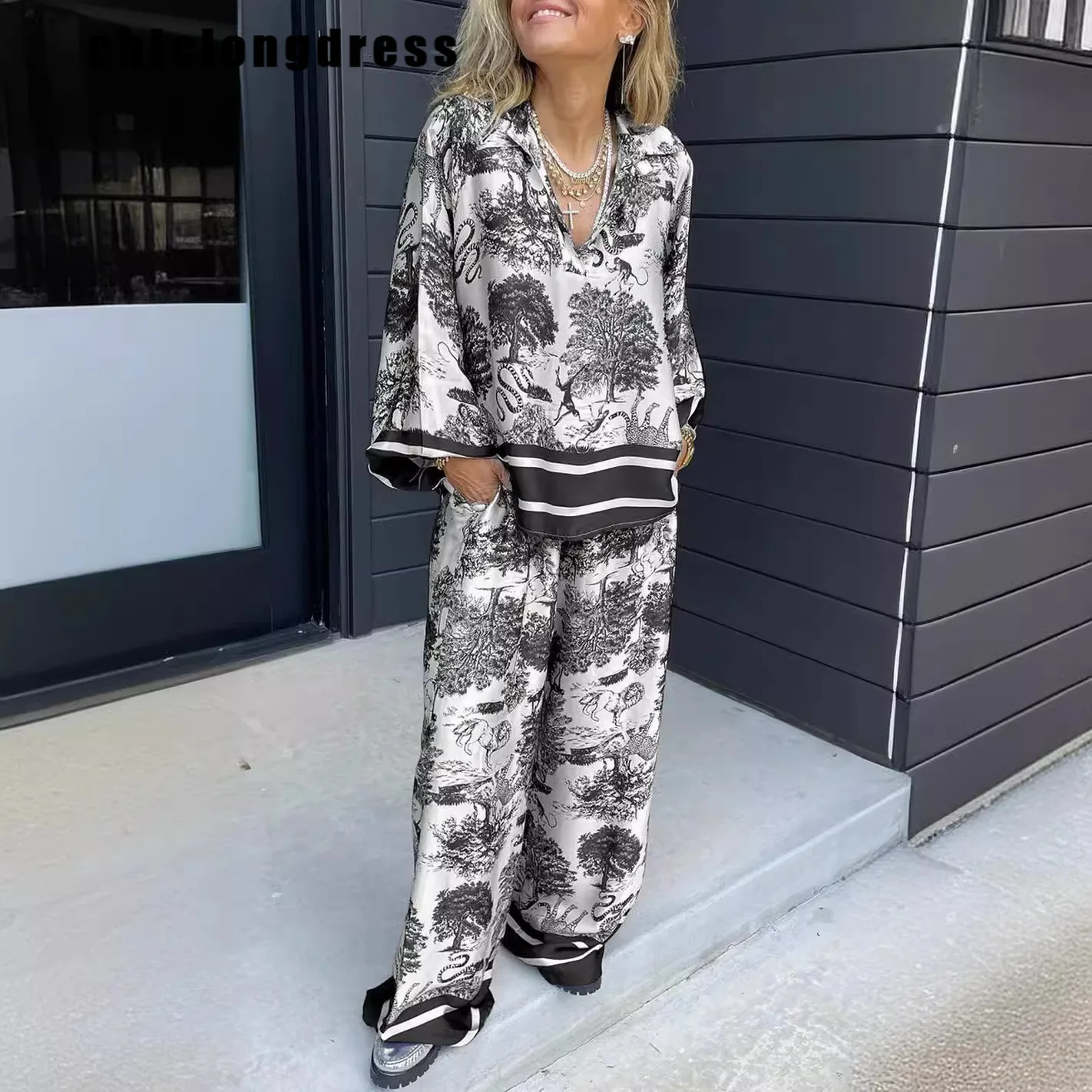 

Summer Fashion Ink Print Two Piece Set Women Causal V-neck Shirt Wide Leg Pants Satin Two Piece Set Women