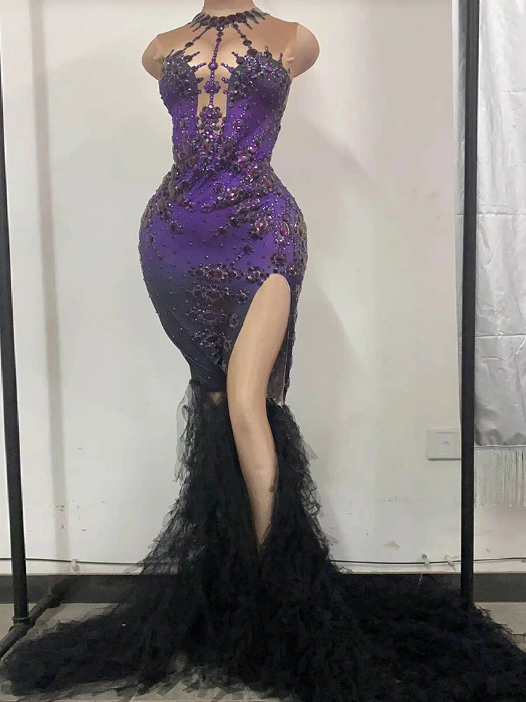 

Sexy Purple Black Gradient High Neck Mermaid Fabric Dress with Long Slit Drag Queen Gogo Dance Singer Formal Dress Costumes