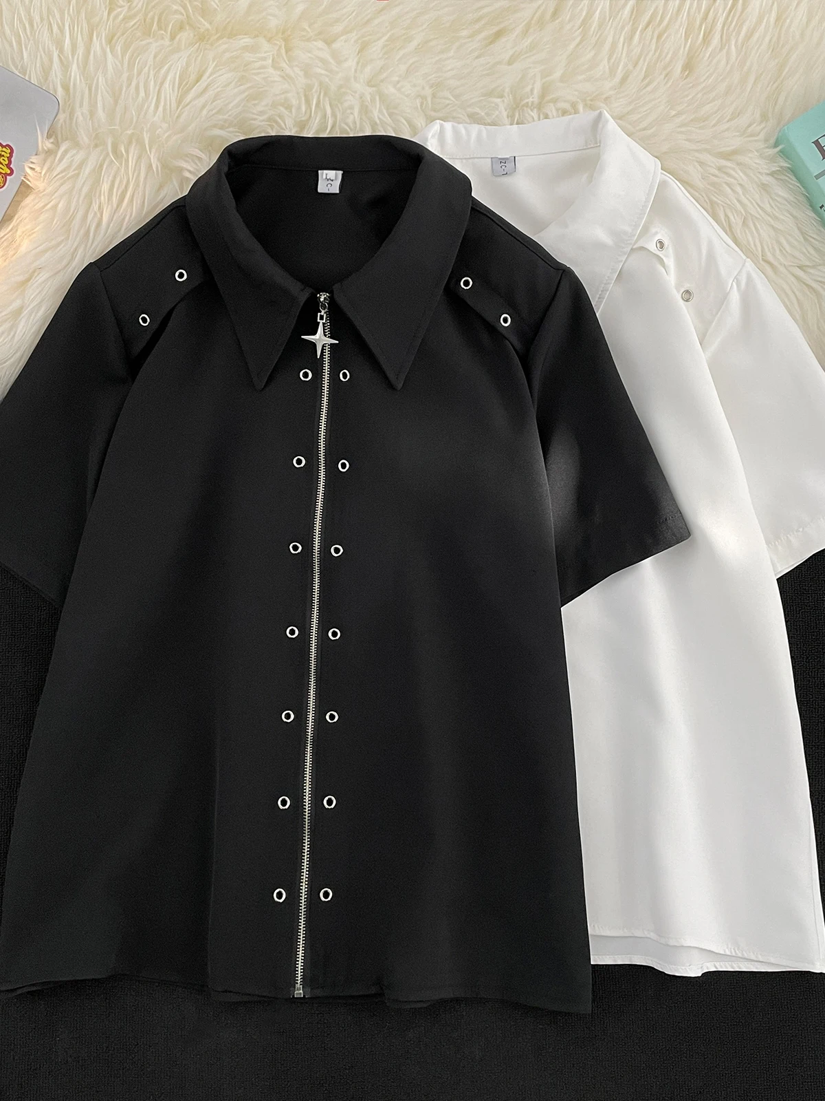 

Summer Thin Zipper Short Sleeve Men's Casual Shirt Trendy High Street Hong Kong Style Retro Design Unique Outerwear