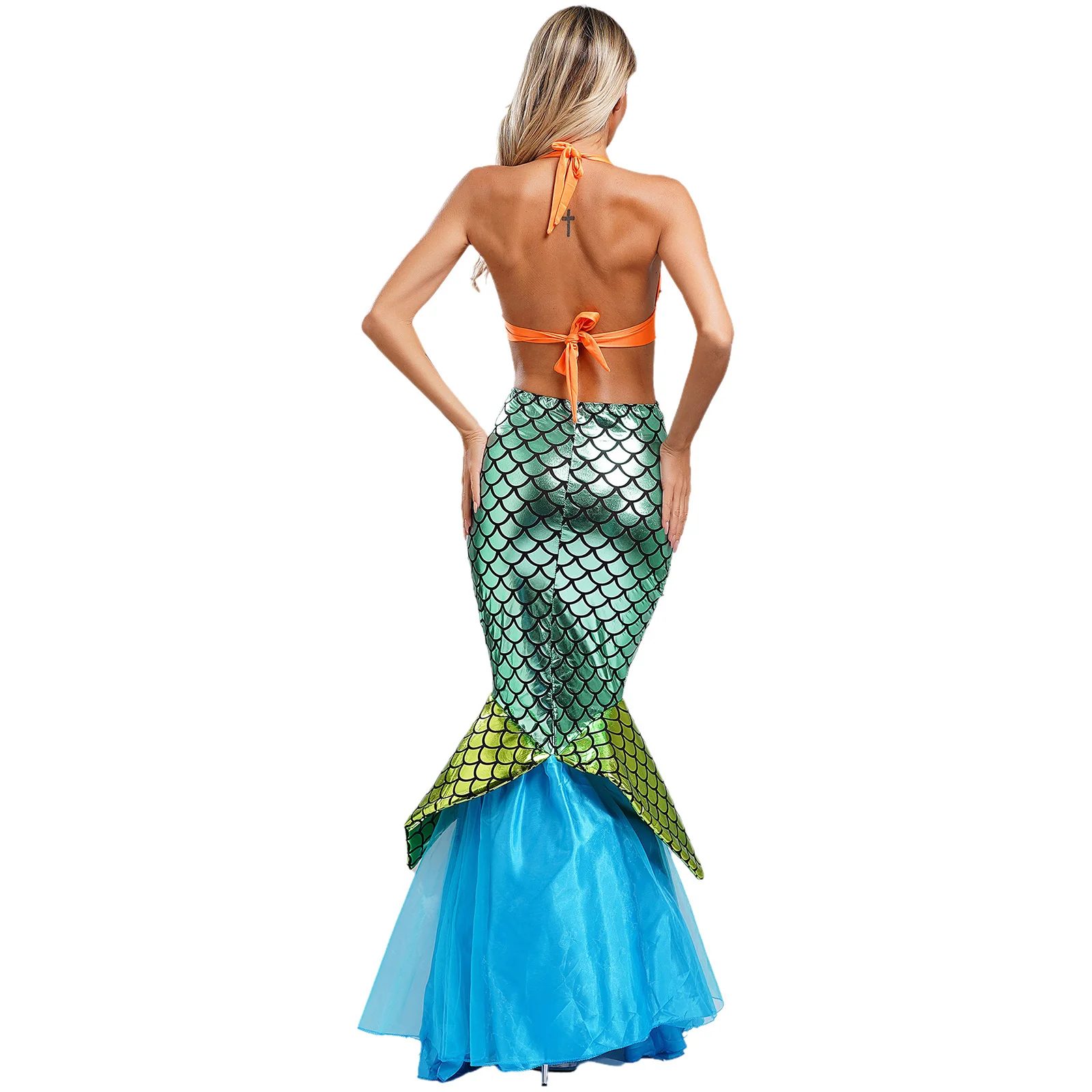 Women Halloween Mermaid Cosplay Costumes Shiny Outfit Scallop-shaped Cup Lace-up Bra Top and Print Fish Tail Maxi Skirts Suit