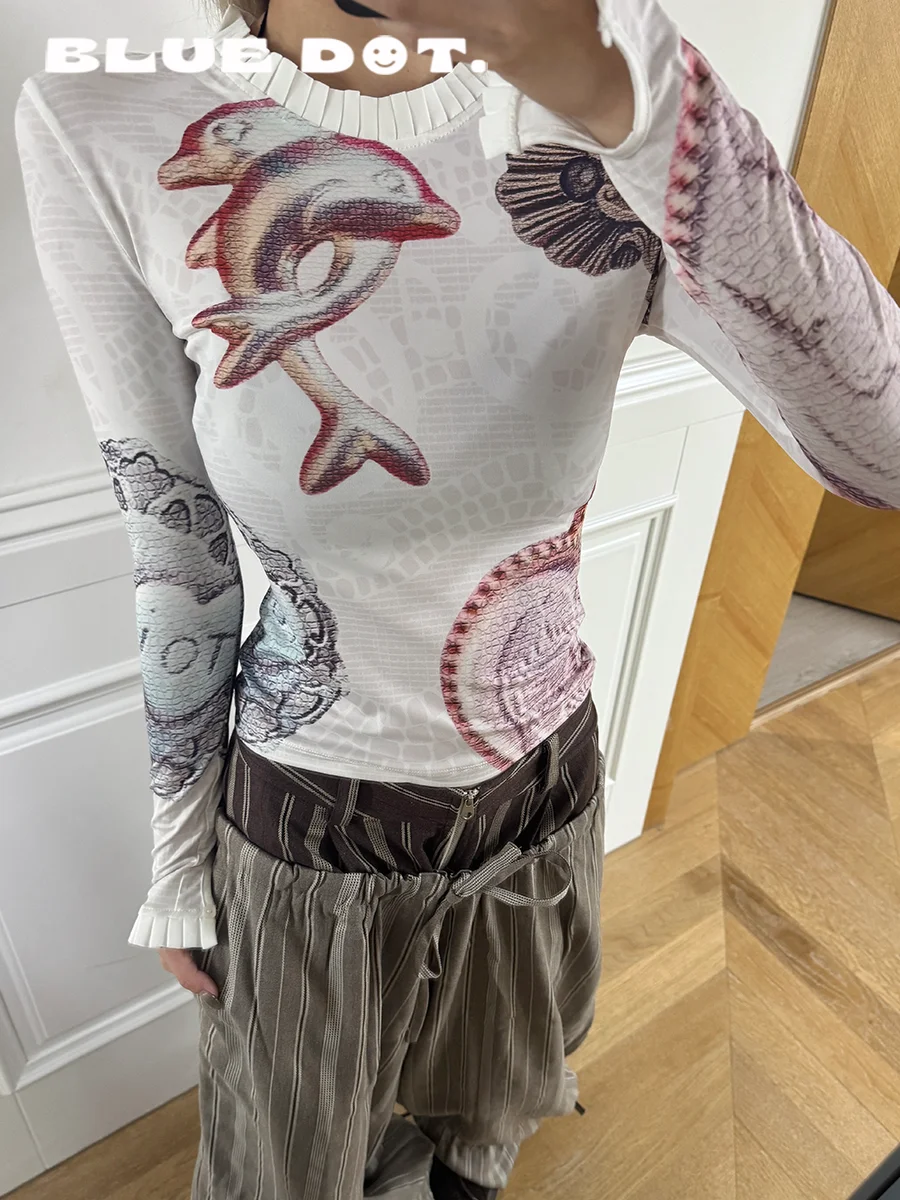 

BLUEDOT Hilihili Park Elastic Printed Long Sve Autumn Winter Base irt Ruffle Collar Casual Sle Slim Fit Polyester Spandex