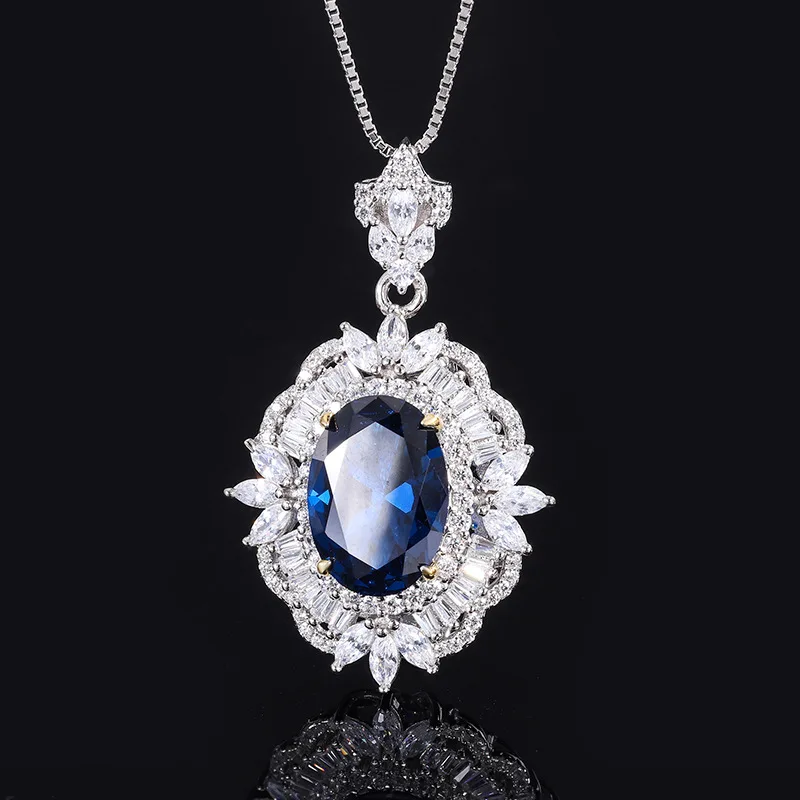 Jewelry S925 Silver Hot Sale Royal Blue Sapphire Vintage Style Pendant Ring Set Main Stone 10*14