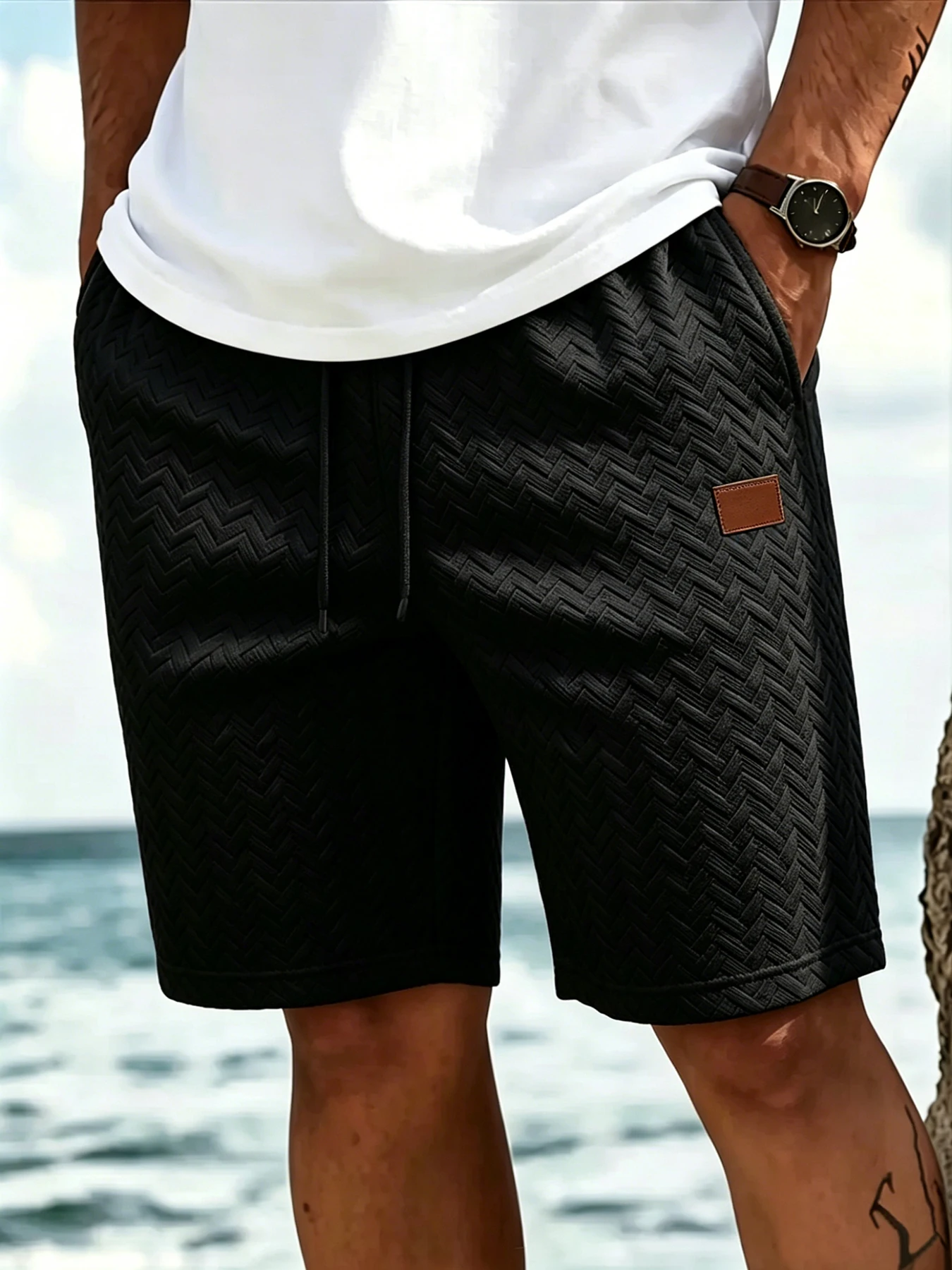 Herren Elegante Casual Shorts mit Fischgrätmuster, 3D-Jacquard-Stoff, Kordelzug, Gerade Passform für Büro und Pendeln – Detail 3