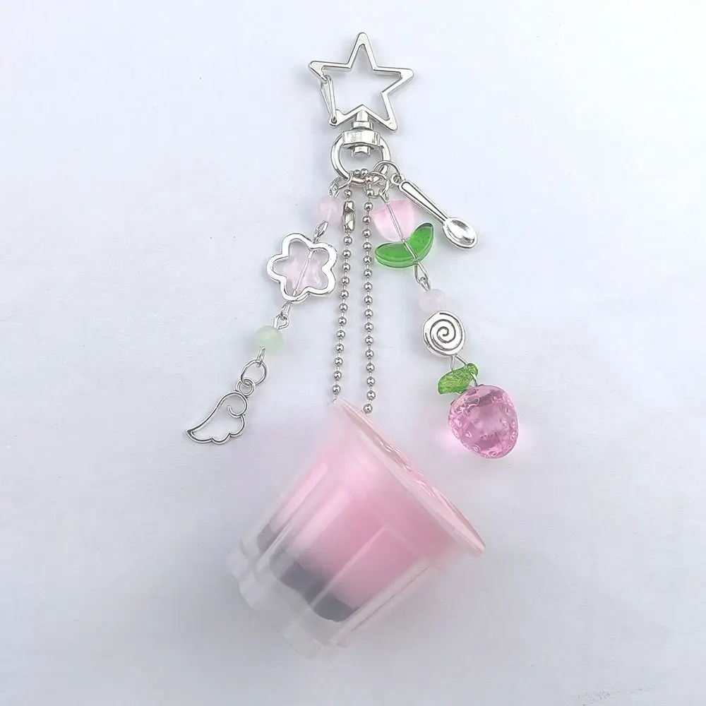 Heisei Retro Japanese Pudding Keychain Colorful Beads Strawberry Tulip Y2K Pendant Beaded Kawaii Bag Decoration Egg Flan Charm