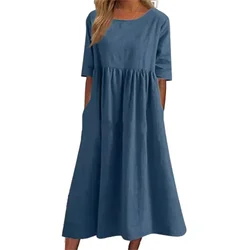 Summer Cotton Linen Double Pockets Dresses Women Casual Loose Splicing Pleated Hem Dress Female Solid Color O Neck Pullover Gown