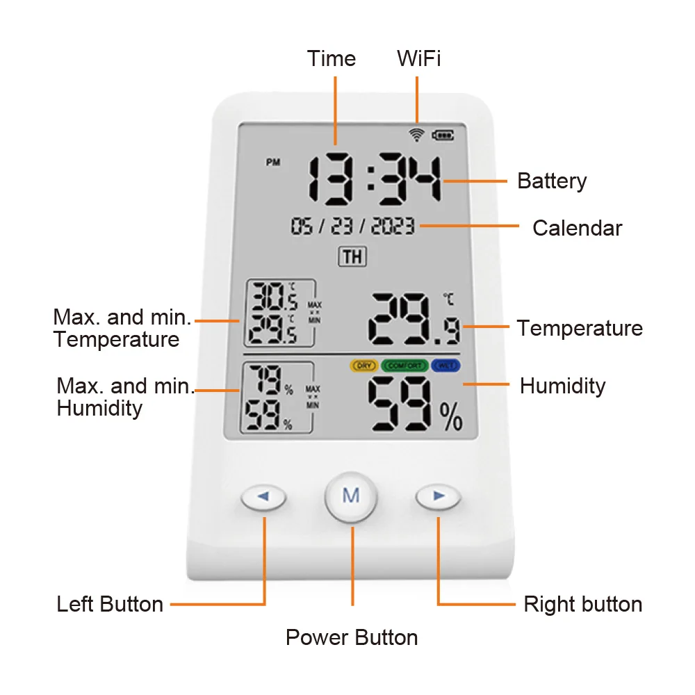 전문 휴대용 온도 및 습도 감지기, LCD 디스플레이, 시간 및 날짜 센서 테스터, 가정용 투야 와이파이 연결