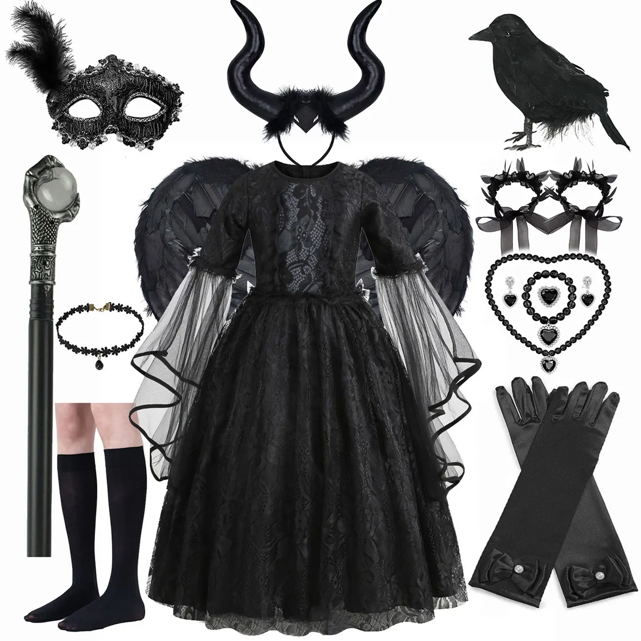 Halloween Black Queen Dress for Girl Cosplay Evil Witch lussuoso abito in pizzo a sbuffo per abito da festa di compleanno con parrucca Crow