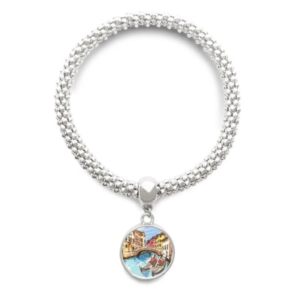 Italy Venice Landscape Watercolour Painting Sliver Bracelet Pendant Jewelry Chain Adjustable Bangle