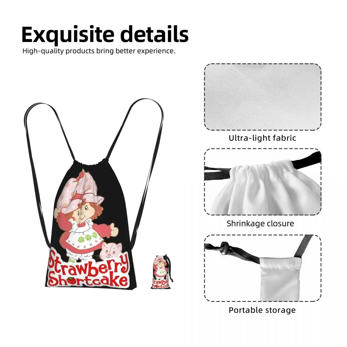 Sweet Strawberry Character Art Drawstring Backpack Sports Gym Bag Lightweight Foldable Storage Drawstring Bag for Men Women