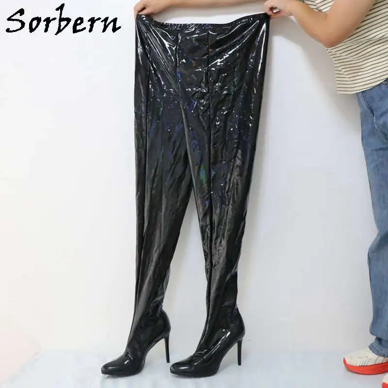 Sorbern Black Holo Streched Legging Boots Women High Heel Stilettos Pointed Toe Custom Pant Size Long Boot Made-To-Order