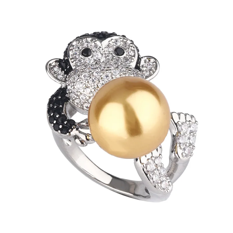 latest design Autumn Winter New Pearl Ring Cute Monkey Natural Australian White Pearl South Sea Pearl Women's Ring