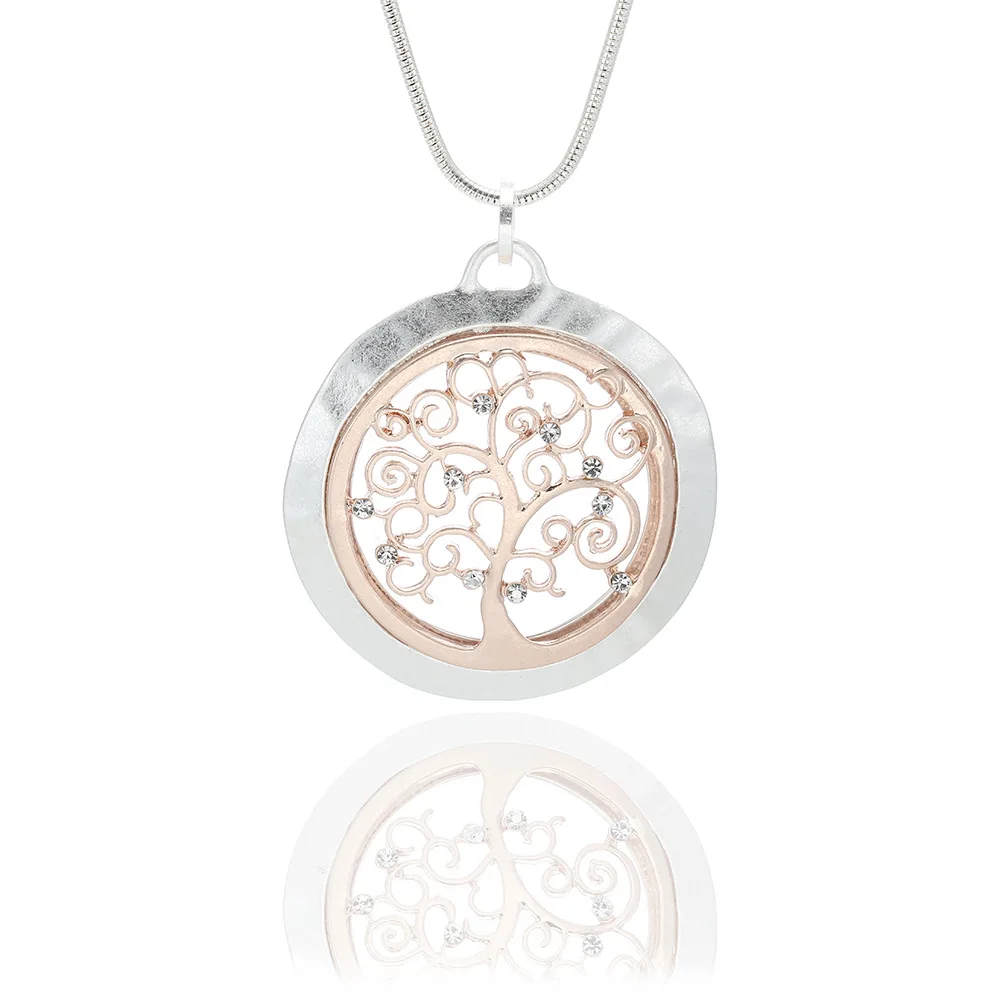 Crystal Tree of Life Pendant Necklace Hollow Out Round Long Necklace Pendant Wedding Jewelry for Women