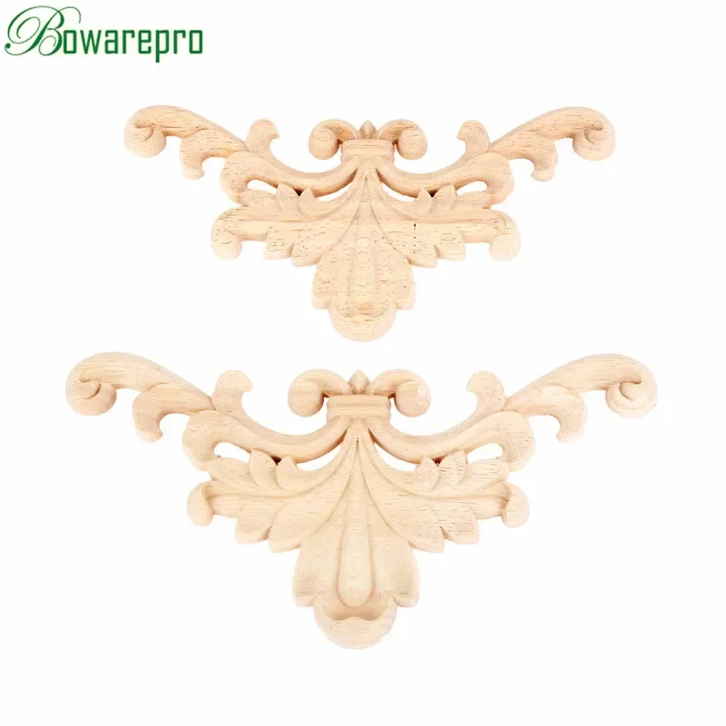 bowarepro Applique Frame Flower Carving Natural Wood For Furniture Cabinet Unpainted Mouldings Corner Decal Decorative 20cm/23cm