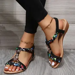 Rimocy Women Wedges Bohemian Sandals Summer 2023 Flower Non Slip Beach Sandalias Mujer Elastic Band Low Heels Roman Shoes Woman