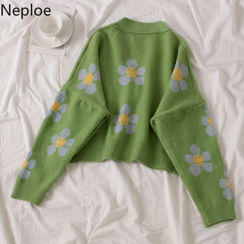 Neploe Preppy Style Flower Knit Cardigans Sweater Women V Neck Loose elegaht Thicked Pull Femme Print Short Casual Coat 46565