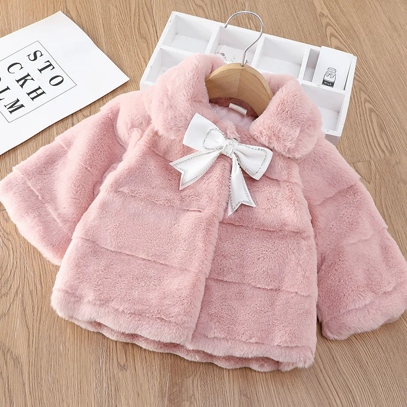 

1-5 Years Baby Girls Fake Fur Jacket Winter Autumn Solid Color Plush Thick Keep Warm Lapel Collar Coat For Girls Fashion Outwear