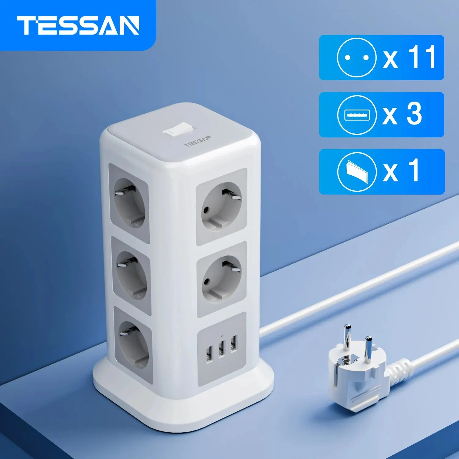 TESSAN Tower Power Strip with 11 Outlets +3 USB Ports, 2M Extension Cable, EU Plug Vertical Electric Socket Overload Protection