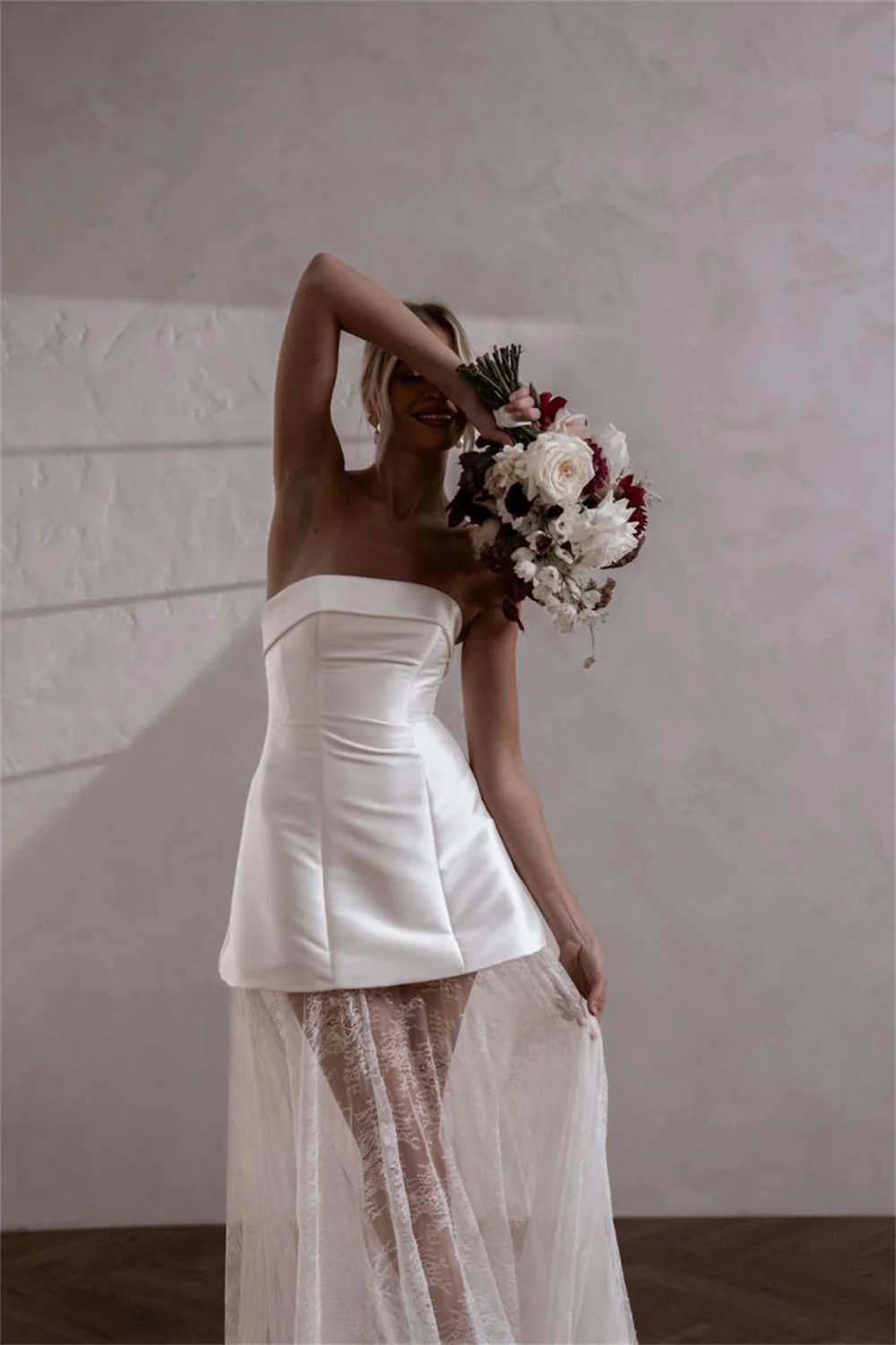 Kyoto Customized Strapless White Satin Wedding Dress Detachable Long Lace Train And Sleeves vestidos de novia Zip Back Formal