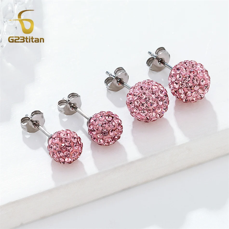 Colors Crystal Bead Polymer Clay Earrings G23 Titanium Ear Stud Micro Pave Rhinestone Disco Ball Hypoallergenic Piercing Jewelry