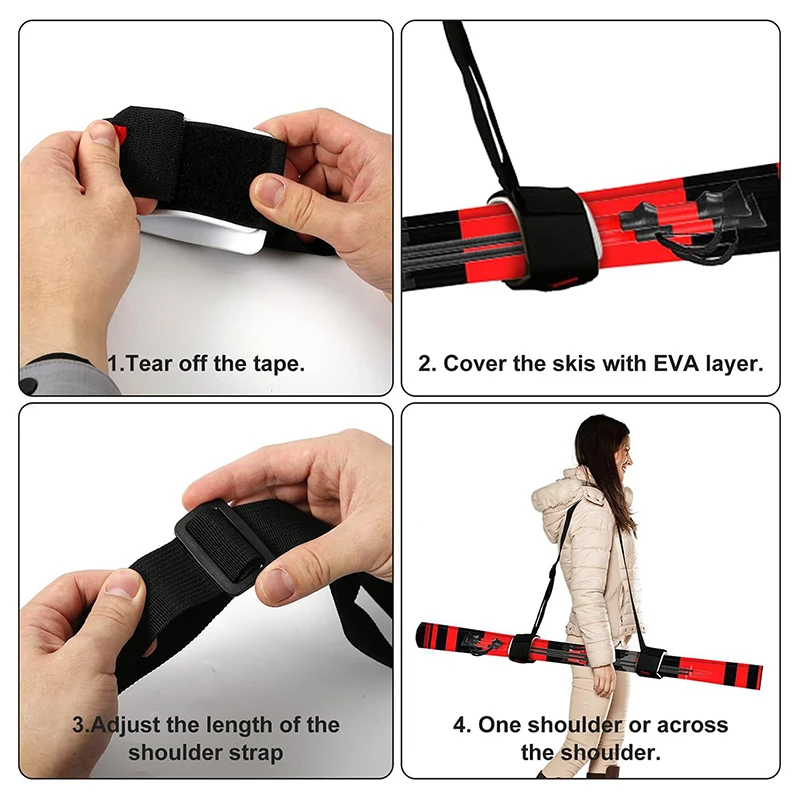 Suporte de ombro para pólo de esqui com alça de mão, alças ajustáveis de gancho, laço de nylon durável, alça de alça de esqui preta confortável