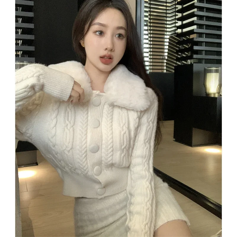 

Winter Casual Knitted Cardigans Fur Collar Ribbed Knitwear Long Sleeve Single Breast Sweaters Jumper Women's Streetwear Knit Top