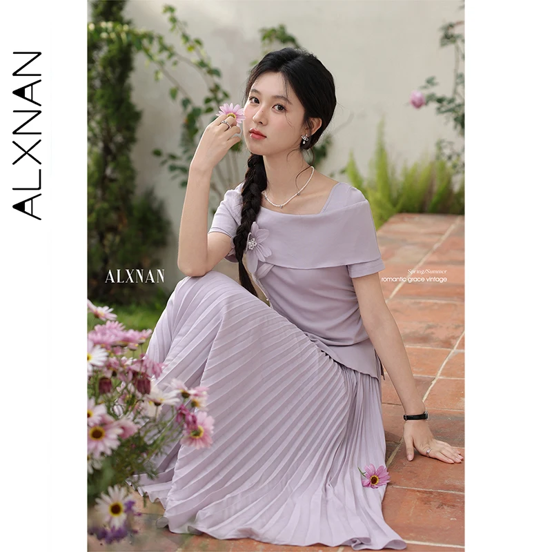 ALXNAN Gonna viola taglie forti Elegante gonne a trapezio lunghe a pieghe Tendenza 2025 Moda casual Vacanza Spiaggia Abbigliamento femminile D10176