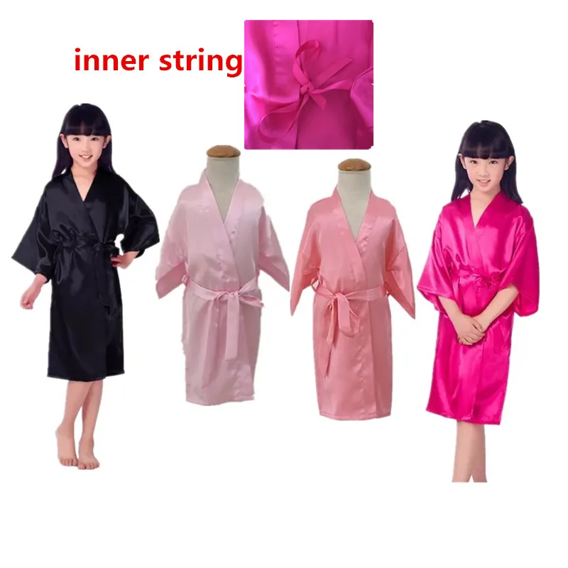 Retail Children Satin Robes Black Pure Kimono Wedding Birthday Party Spa Dressing Gown Kimono Bathrobes Bridal Sleepwear D67