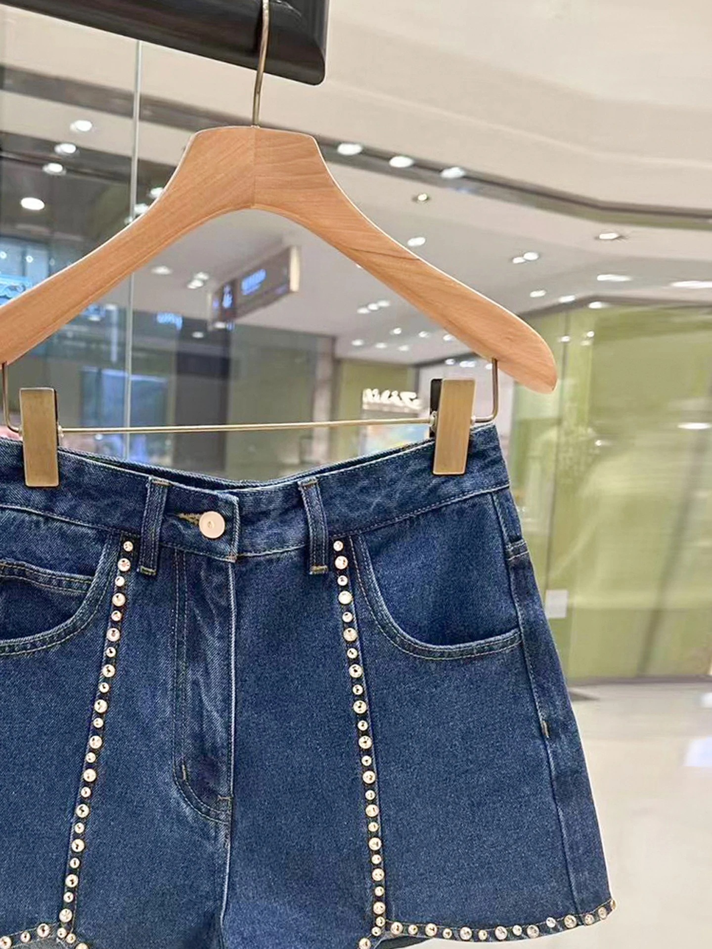 

S Home South Oil High End Women's Summer Casual High Waist Diamond Embellied Wide Leg orts Blue Denim Casual Sle orts