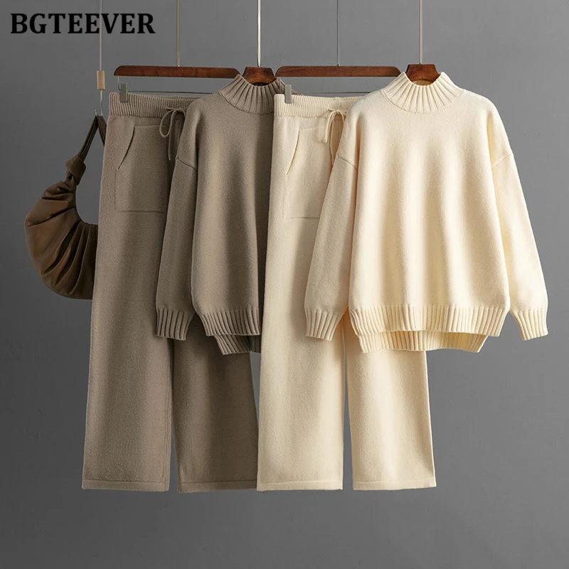 BGTEEVER Stylish Thicken Warm Loose Female Knitted Outfits Long Sleeve Half High Collar Sweaters Women Drawstring Trousers Suits