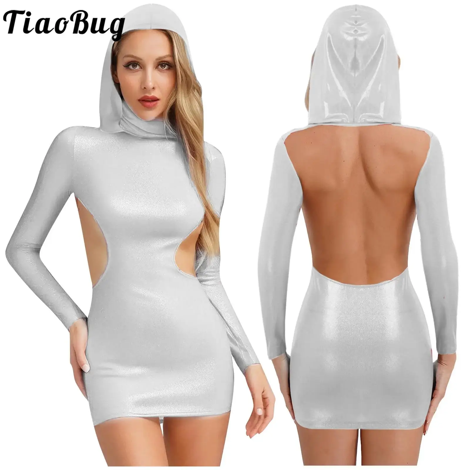 

Women Sexy Hooded Backless Dress Long Sleeves Cutout Hip Hugging Micro Pencil Dress for Dating Nightclub Cocktail Party Wear