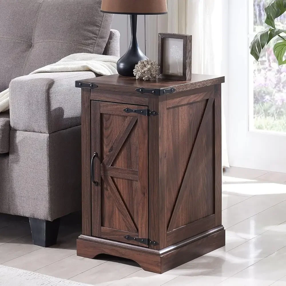 Rustic 17 Deep Wood Sofa Side Table with Charging Station, Barn Door, Adjustable Shelves for Living Room or Bedroom in Brown