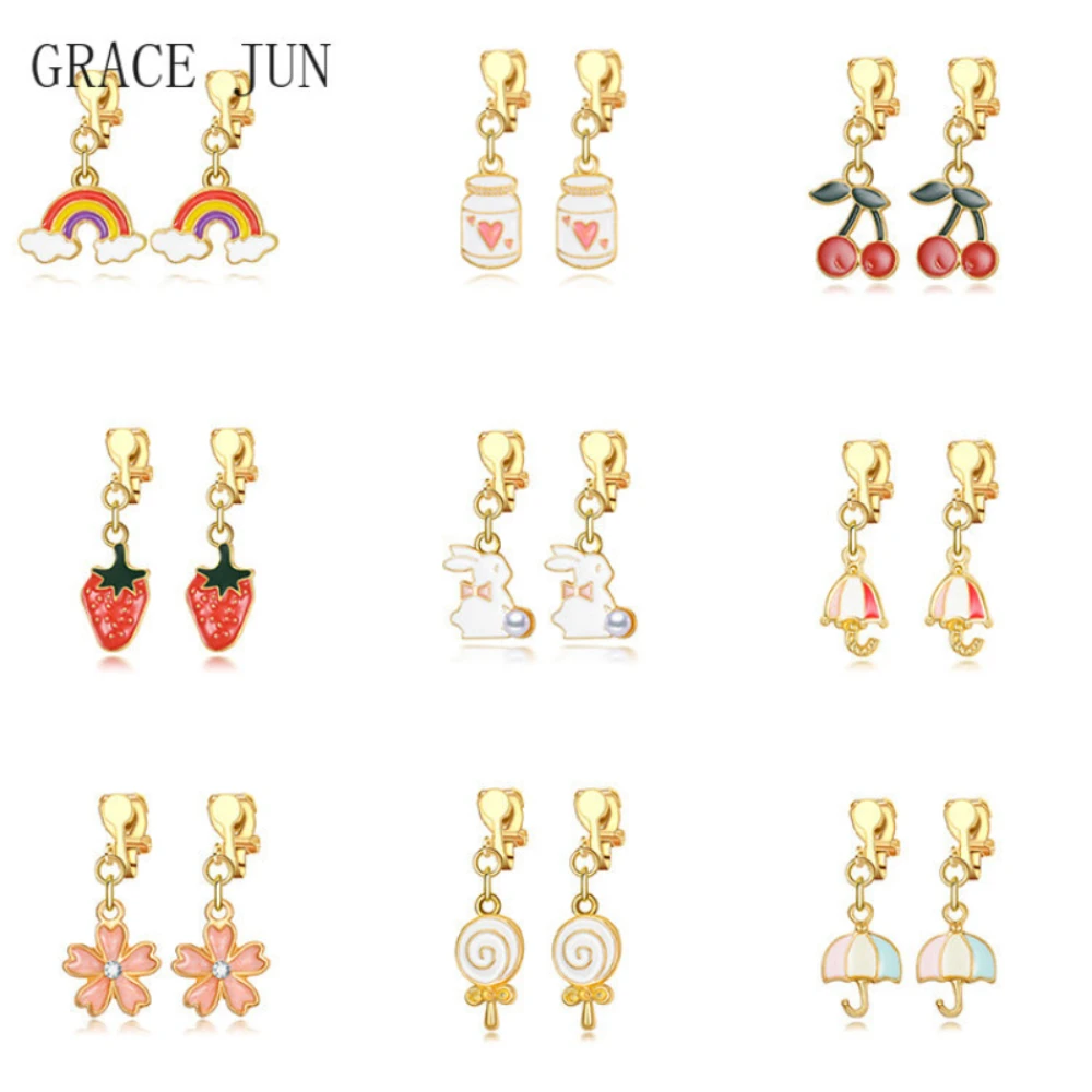 GRACE JUN New Gold Color Cartoon Clip on Earrings for Girl Kids Cute Animal Plant Flower Cuff Earring Silicone Cushion Ear Clip