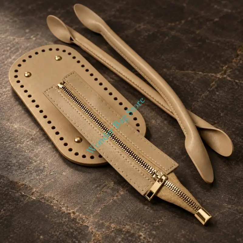 Handbag Repair Set with Perforated Panel Edges, Zipper Closure, and Base Hardware for DIY Bag Assembly Projects