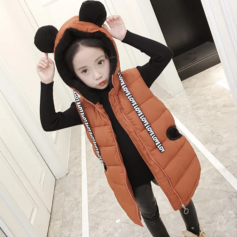 Winter Girls Cartoon Shower Hooded Warm Fleece Lined Long Zip Vest Children Waistcoats School Kids Outfit Tops For 3-14 Years