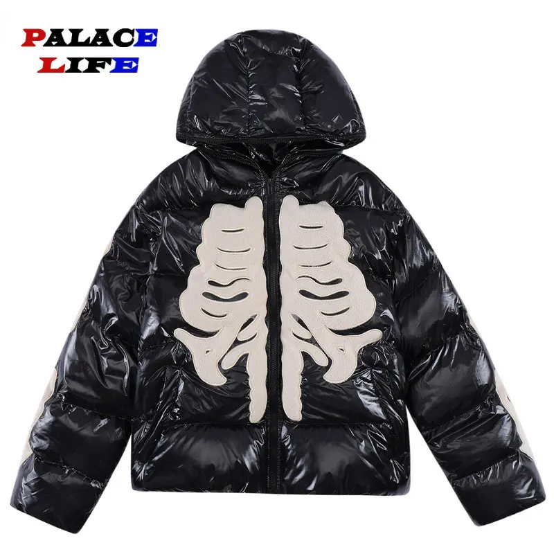 Winter Bright Skeleton Patch Parka Men Hip Hop Street Harajuku Y2k Thicken Warm Padded Coats Loose Windproof Coat Unisex