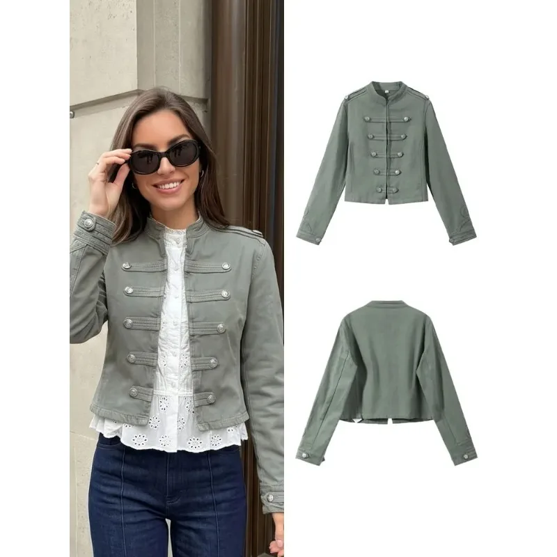 Fanan Women Double Breasted Green Denim Jackets Stand Collar Long Sleeve Slim Cropped Coat Female Spring Fashion Streetwear Top