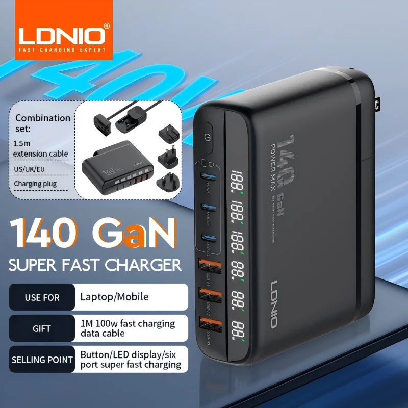 140W GaN USB C Charger Block 6 Port LDNIO LED Display AU US UK EU Travel Charger USB C Charging Station Hub Block Wall Charger