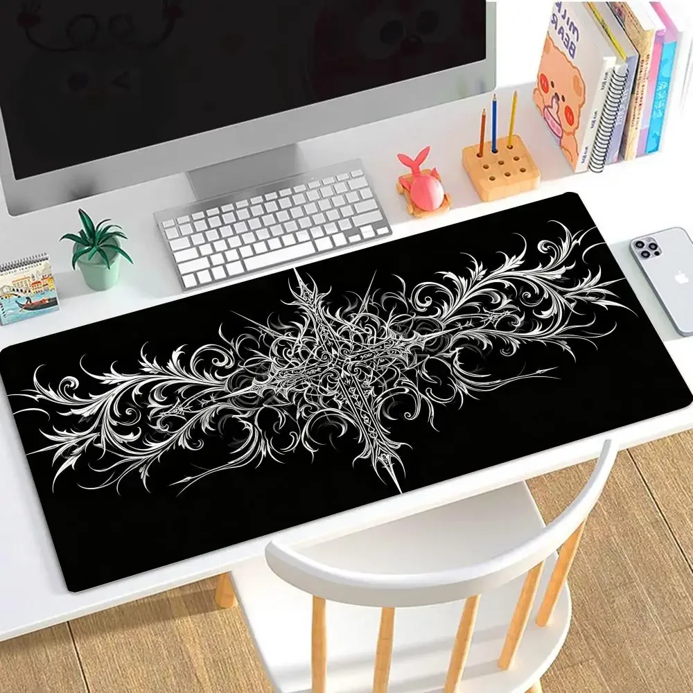 Black Background Silver Thorn Rose Gothic Ornament Playmat Dark Vintage Symmetrical Pattern Slip Mat For Laptop Desk