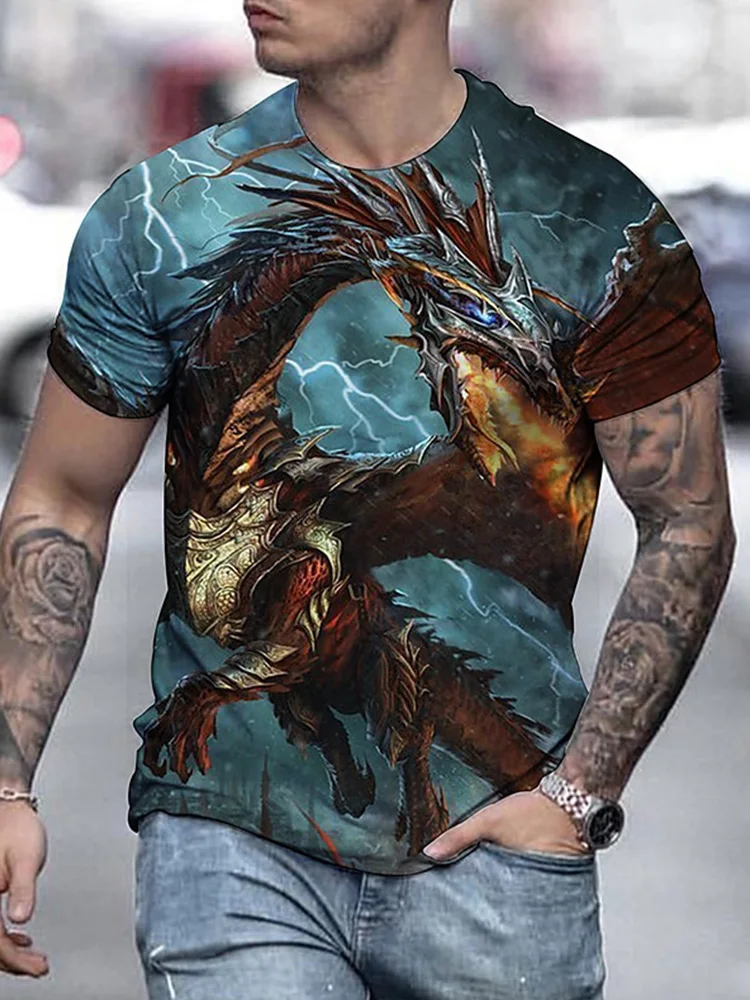 Animated 3D Dragon Pattern Summer Men\'s Casual T-Shirt Outdoor Sports Comfortable Short Sleeves Street Fashion, Round Neck Tops