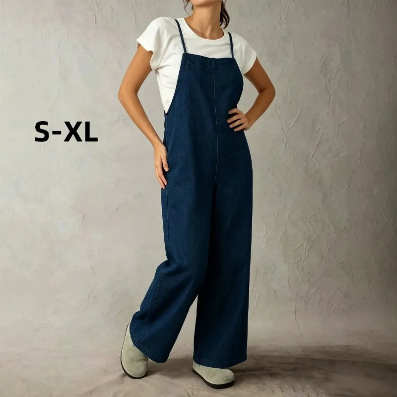 Spring Autumn Women Denim Overalls XL L Elasticity Adjustable Strap Loose Wide Leg Blue Jumpsuit M S Casual Ladies Long Pants