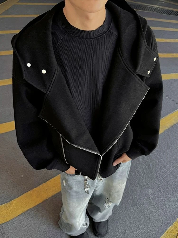 Men's Irregular Double Zipper Hoodie Autumn Streetwear Edgy Design Heavyweight Loose Jacket